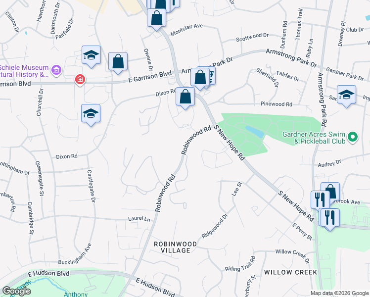 map of restaurants, bars, coffee shops, grocery stores, and more near 1120W Robinwood Road in Gastonia