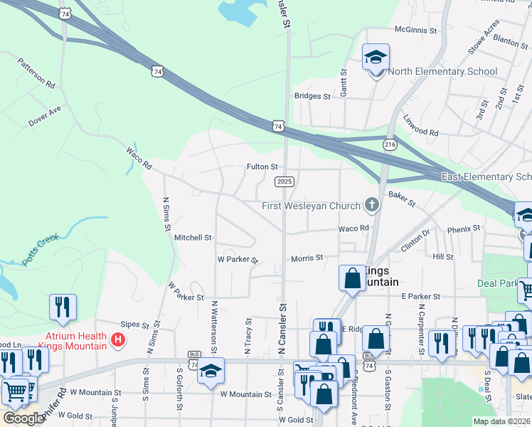map of restaurants, bars, coffee shops, grocery stores, and more near 309 Walker Street in Kings Mountain