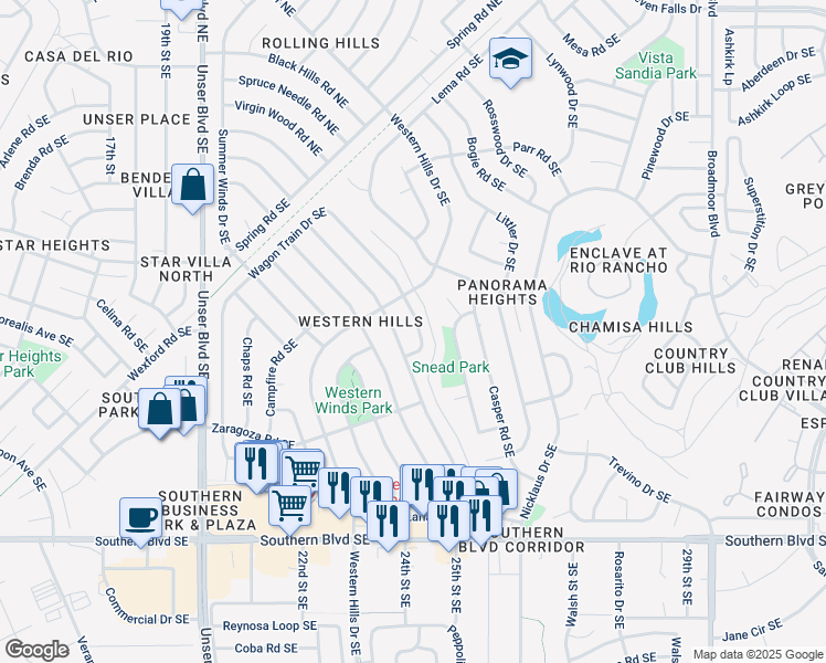 map of restaurants, bars, coffee shops, grocery stores, and more near 350 Wagon Train Drive Southeast in Rio Rancho
