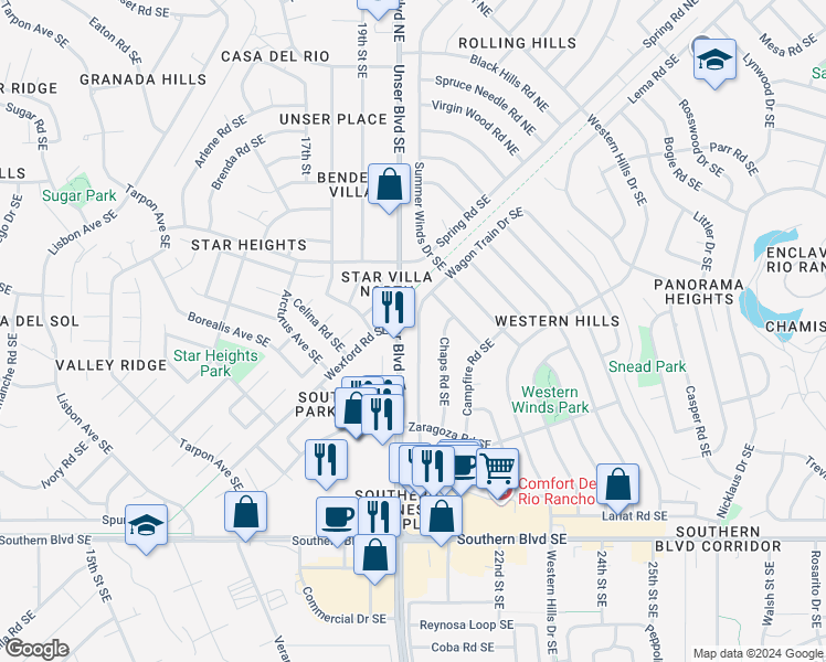 map of restaurants, bars, coffee shops, grocery stores, and more near 625 Wagon Train Drive Southeast in Rio Rancho