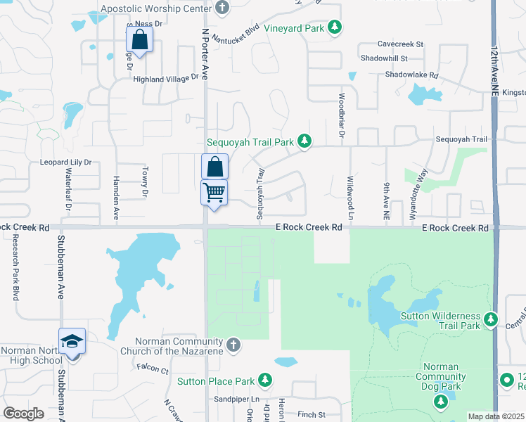 map of restaurants, bars, coffee shops, grocery stores, and more near 2405 Sequoyah Trail in Norman