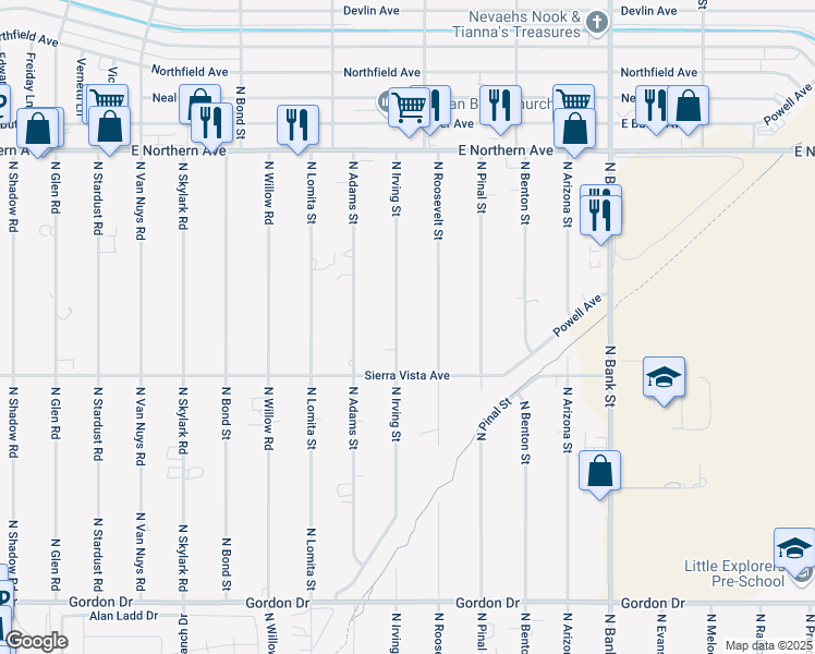 map of restaurants, bars, coffee shops, grocery stores, and more near 4300 N Irving St in Kingman