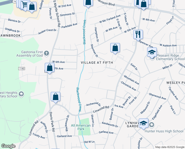 map of restaurants, bars, coffee shops, grocery stores, and more near Brett Shane Court in Gastonia