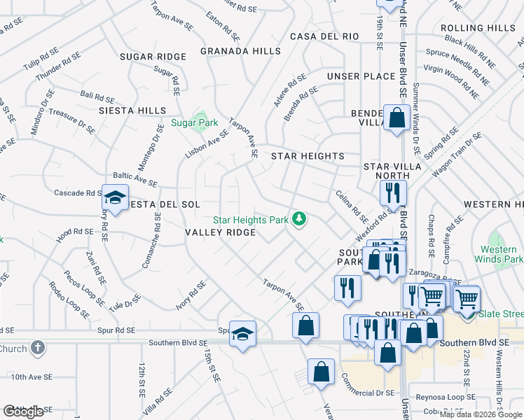 map of restaurants, bars, coffee shops, grocery stores, and more near 1626 Borealis Avenue Southeast in Rio Rancho