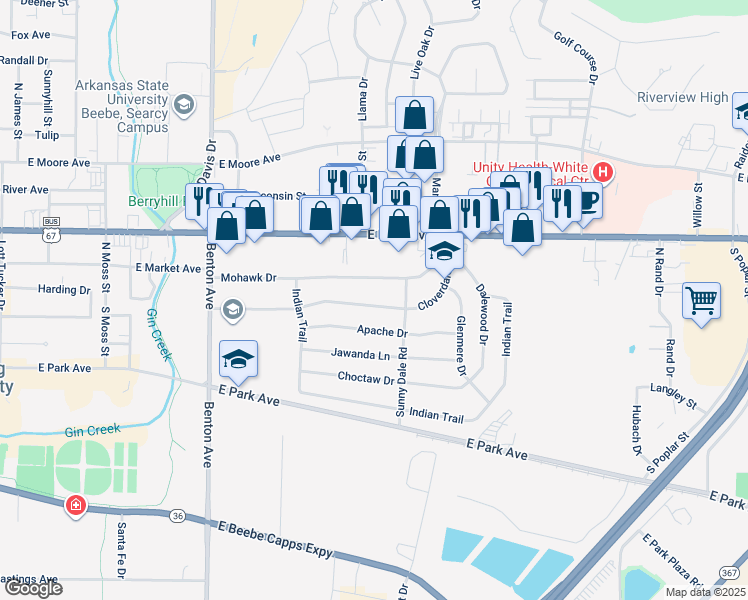 map of restaurants, bars, coffee shops, grocery stores, and more near 108 Cloverdale Boulevard in Searcy