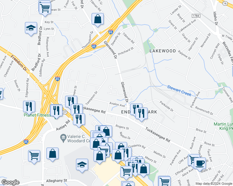 map of restaurants, bars, coffee shops, grocery stores, and more near 3624 Hashem Drive in Charlotte
