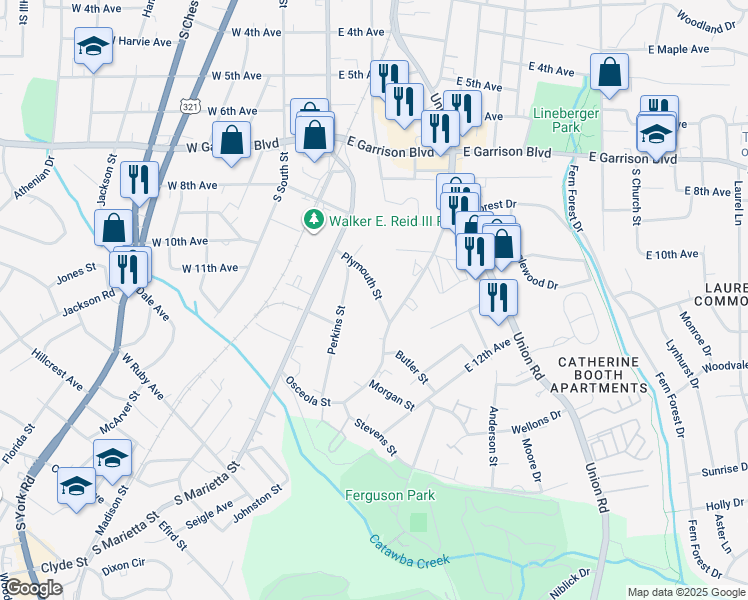 map of restaurants, bars, coffee shops, grocery stores, and more near 1025 Plymouth Street in Gastonia