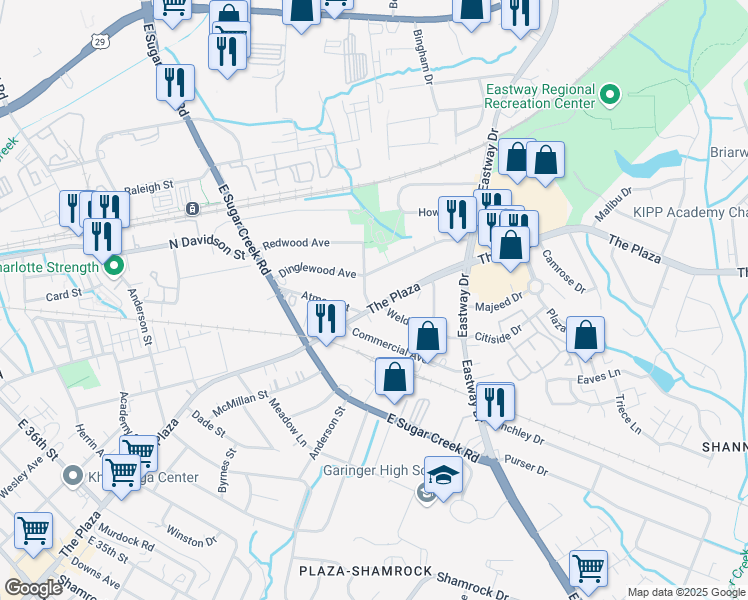 map of restaurants, bars, coffee shops, grocery stores, and more near 4201 The Plaza in Charlotte