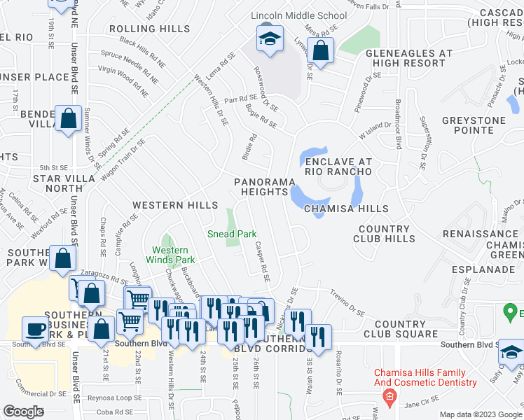 map of restaurants, bars, coffee shops, grocery stores, and more near 581 Littler Drive Southeast in Rio Rancho