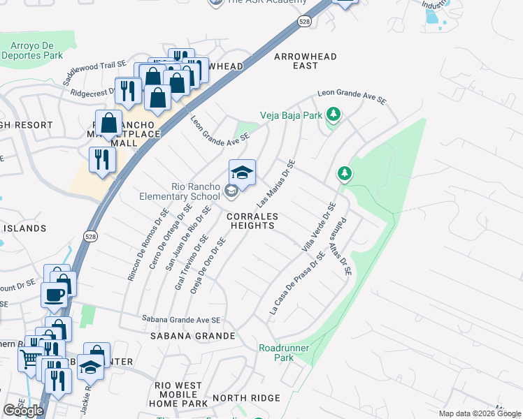 map of restaurants, bars, coffee shops, grocery stores, and more near 4601 Pepe Ortiz Road Southeast in Rio Rancho