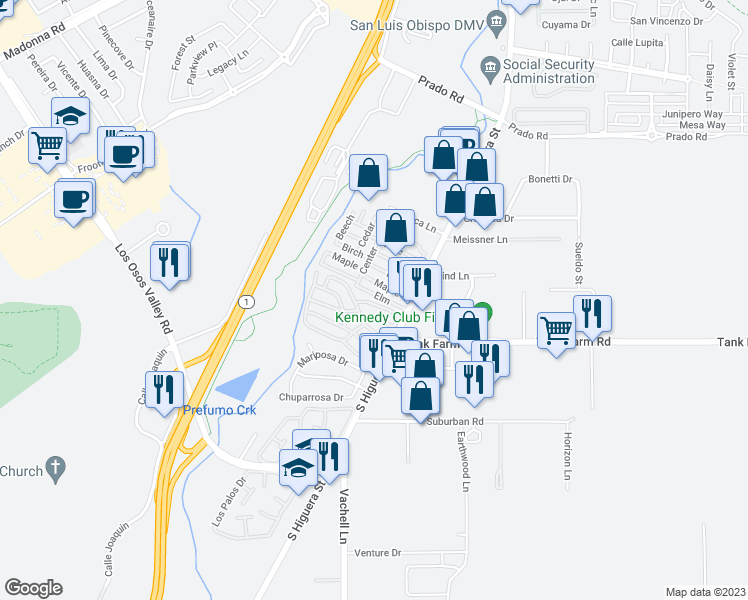 map of restaurants, bars, coffee shops, grocery stores, and more near Elm in San Luis Obispo