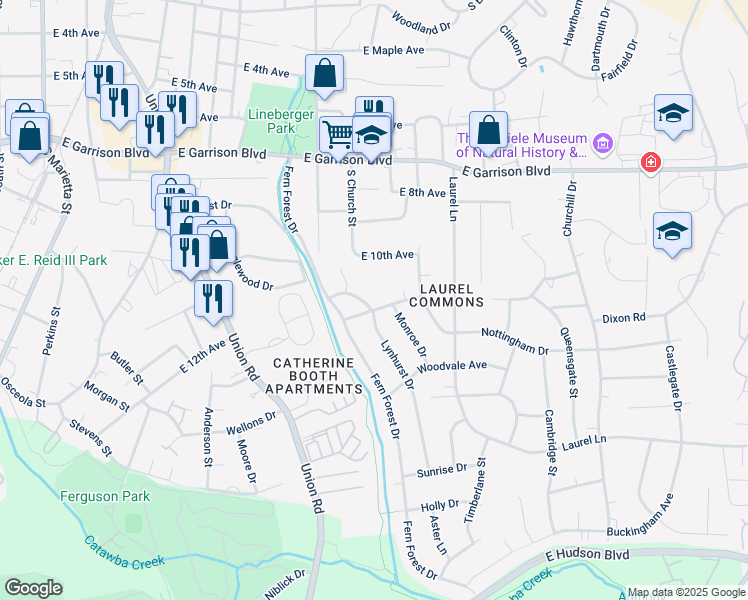 map of restaurants, bars, coffee shops, grocery stores, and more near 1126 Lynhurst Drive in Gastonia