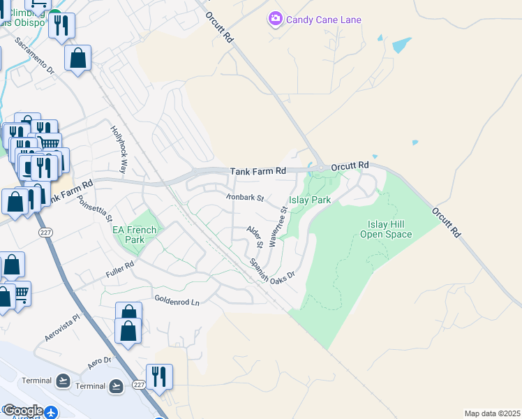 map of restaurants, bars, coffee shops, grocery stores, and more near 1415 Ironbark Street in San Luis Obispo