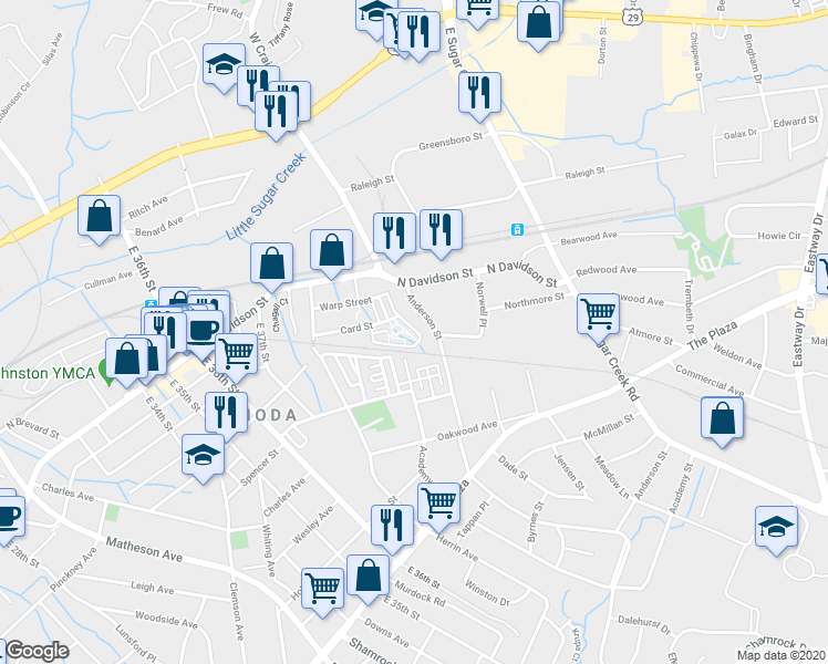 map of restaurants, bars, coffee shops, grocery stores, and more near 634 Anderson Street in Charlotte