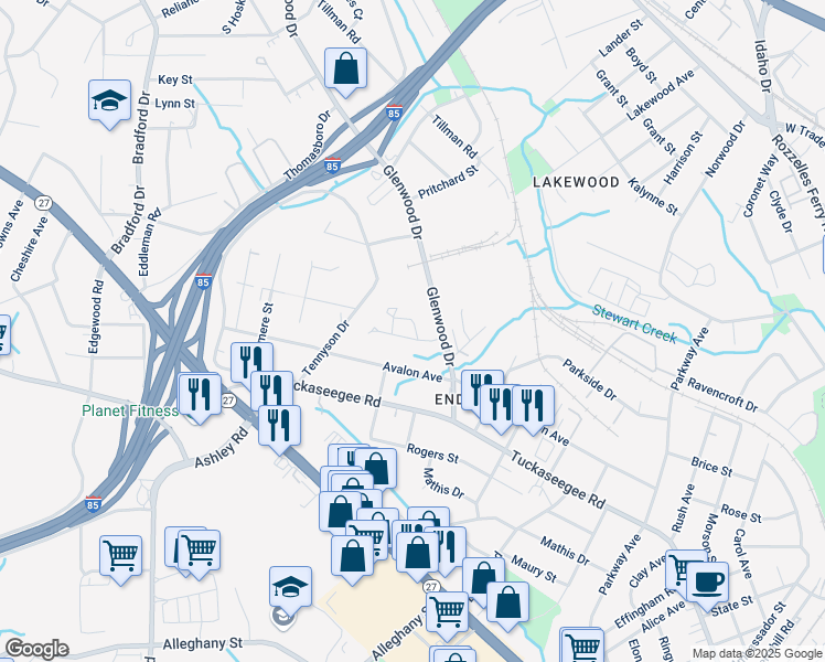 map of restaurants, bars, coffee shops, grocery stores, and more near 3640 Hashem Drive in Charlotte