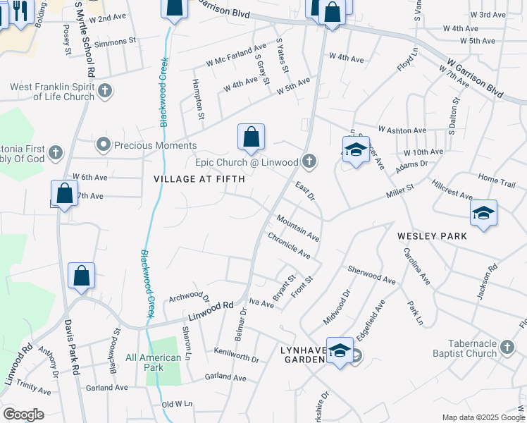 map of restaurants, bars, coffee shops, grocery stores, and more near 1202 Salvadore Court in Gastonia