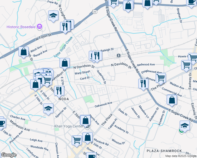 map of restaurants, bars, coffee shops, grocery stores, and more near 634 Anderson Street in Charlotte
