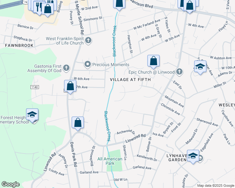 map of restaurants, bars, coffee shops, grocery stores, and more near 916 Sherman Street in Gastonia