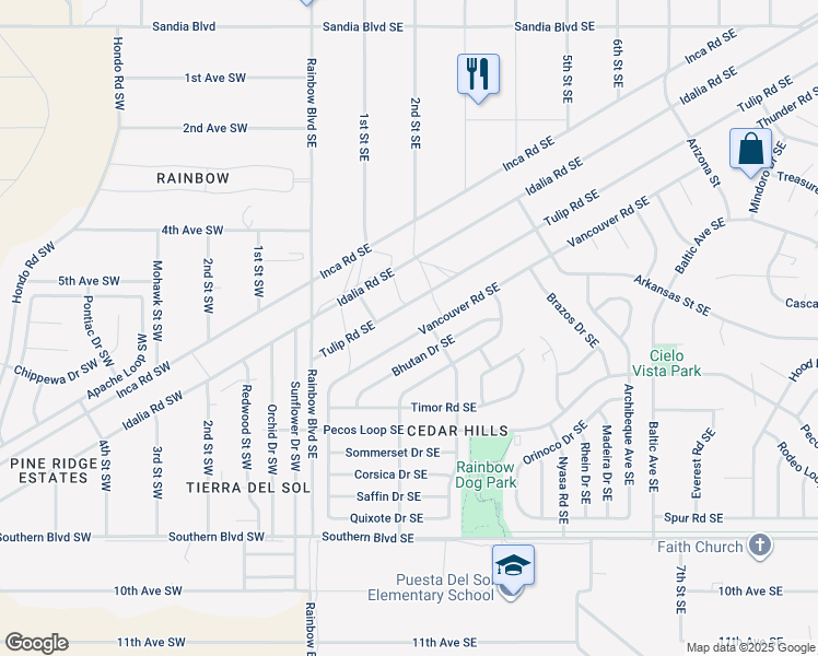 map of restaurants, bars, coffee shops, grocery stores, and more near 650 Vancouver Road Southeast in Rio Rancho