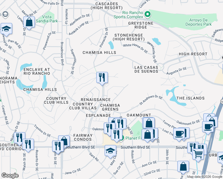 map of restaurants, bars, coffee shops, grocery stores, and more near 3410 Marino Drive in Rio Rancho