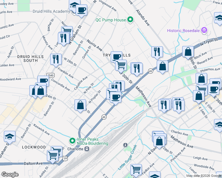 map of restaurants, bars, coffee shops, grocery stores, and more near 208 West 28th Street in Charlotte