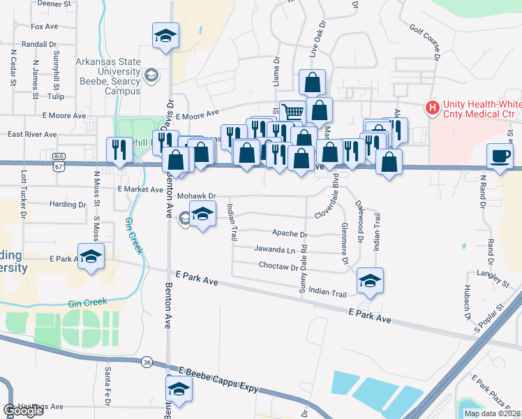map of restaurants, bars, coffee shops, grocery stores, and more near 120 Cloverdale Boulevard in Searcy