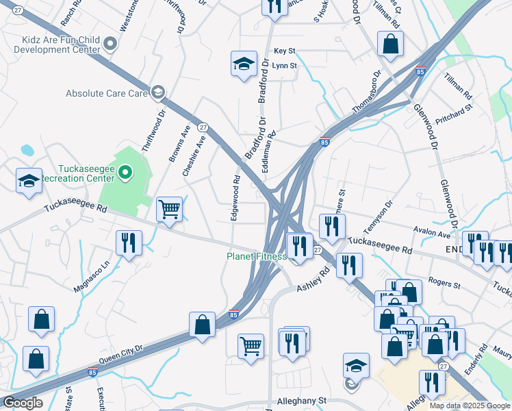 map of restaurants, bars, coffee shops, grocery stores, and more near 3701 Freedom Drive in Charlotte
