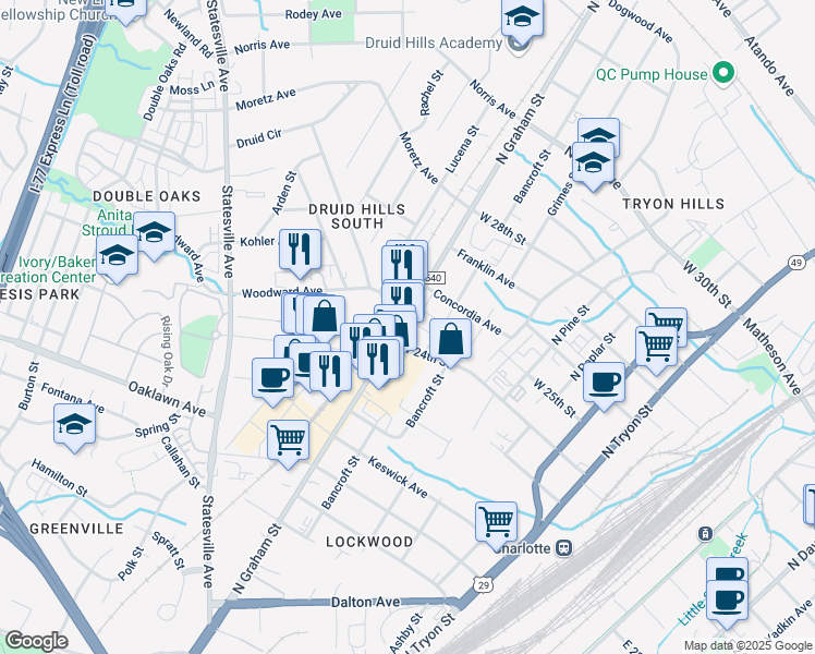 map of restaurants, bars, coffee shops, grocery stores, and more near 2114 North Graham Street in Charlotte