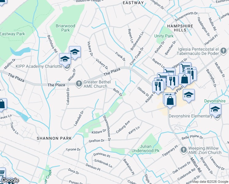 map of restaurants, bars, coffee shops, grocery stores, and more near 5449 Kinsale Lane in Charlotte