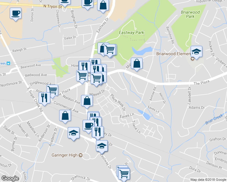 map of restaurants, bars, coffee shops, grocery stores, and more near 719 Plaza Walk Drive in Charlotte