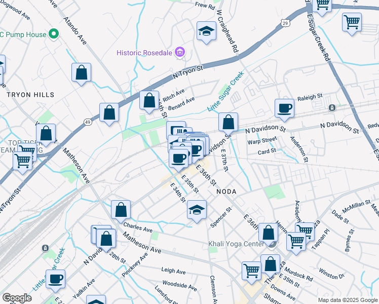 map of restaurants, bars, coffee shops, grocery stores, and more near 401 East 36th Street in Charlotte
