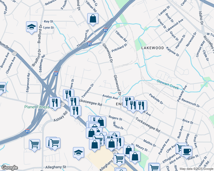 map of restaurants, bars, coffee shops, grocery stores, and more near 3640 Hashem Drive in Charlotte