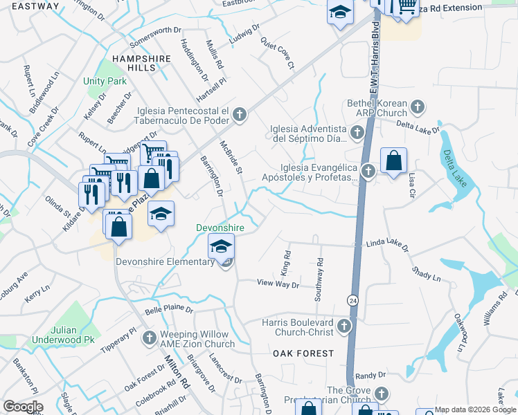 map of restaurants, bars, coffee shops, grocery stores, and more near 6525 McBride Street in Charlotte