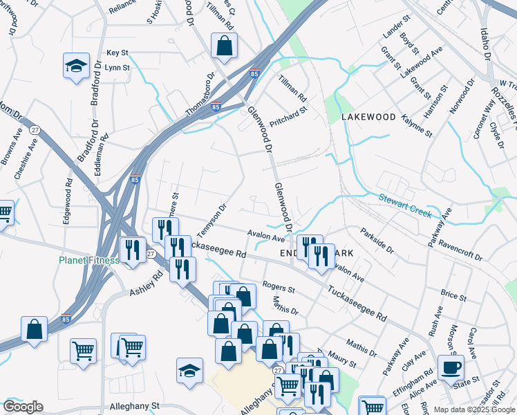 map of restaurants, bars, coffee shops, grocery stores, and more near 3640 Hashem Drive in Charlotte