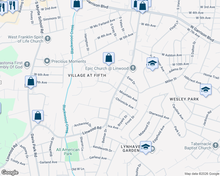 map of restaurants, bars, coffee shops, grocery stores, and more near 1202 Salvadore Court in Gastonia