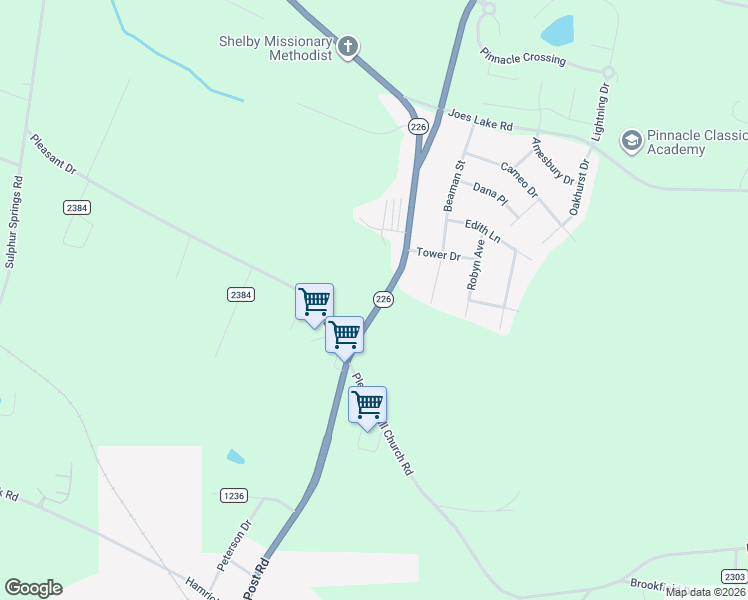 map of restaurants, bars, coffee shops, grocery stores, and more near 1414 South Post Road in Shelby
