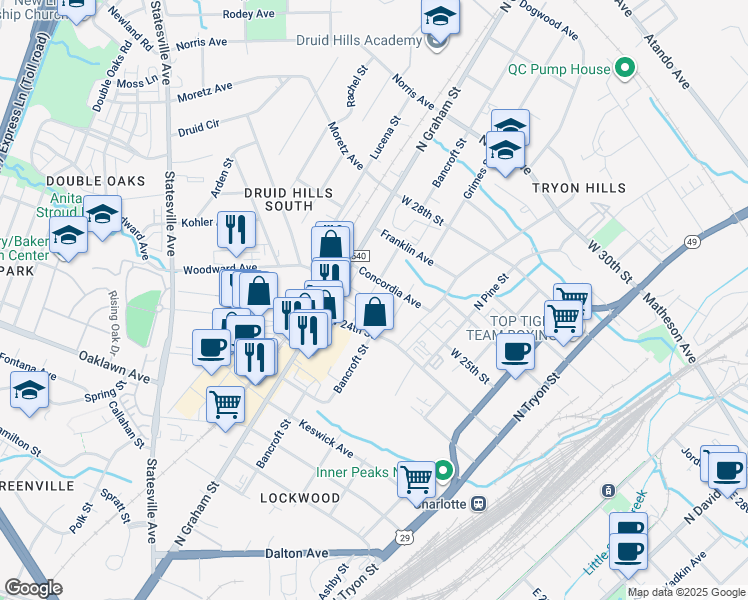map of restaurants, bars, coffee shops, grocery stores, and more near 2218 Bancroft Street in Charlotte