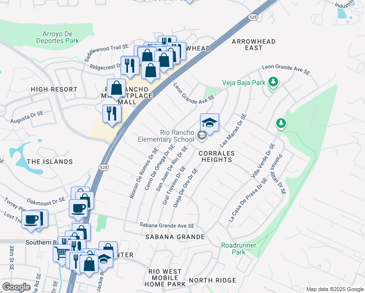 map of restaurants, bars, coffee shops, grocery stores, and more near 503 San Juan De Rio Drive Southeast in Rio Rancho