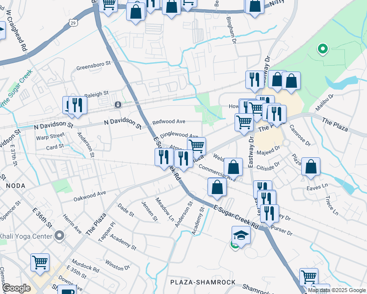 map of restaurants, bars, coffee shops, grocery stores, and more near 4109 Atmore Street in Charlotte