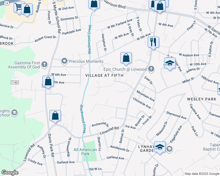 map of restaurants, bars, coffee shops, grocery stores, and more near 824 Sherman Street in Gastonia