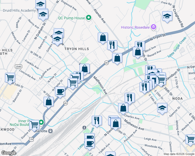 map of restaurants, bars, coffee shops, grocery stores, and more near 127 Matheson Avenue in Charlotte