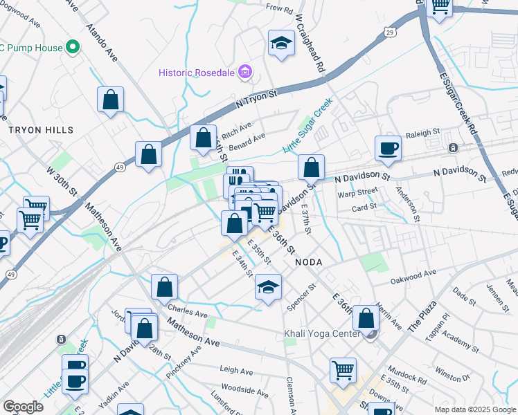 map of restaurants, bars, coffee shops, grocery stores, and more near 401 East 36th Street in Charlotte
