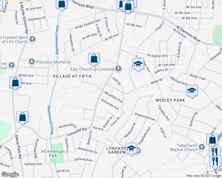 map of restaurants, bars, coffee shops, grocery stores, and more near 1303 Cloninger Avenue in Gastonia