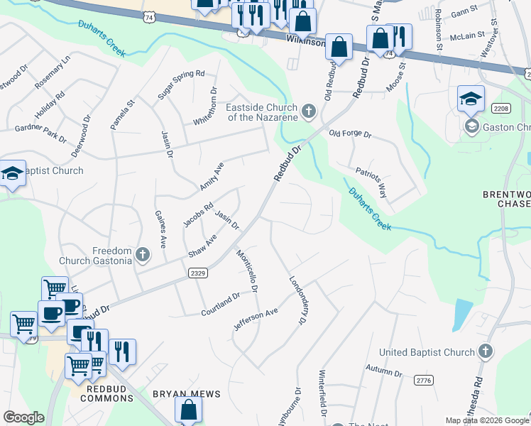 map of restaurants, bars, coffee shops, grocery stores, and more near 2600 Independence Way in Gastonia