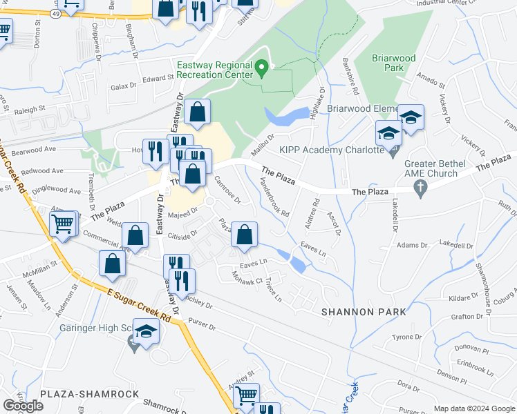 map of restaurants, bars, coffee shops, grocery stores, and more near 609 Blendwood Drive in Charlotte