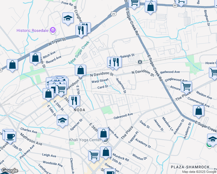 map of restaurants, bars, coffee shops, grocery stores, and more near 3634 Card Street in Charlotte