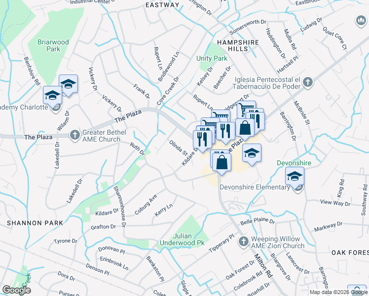 map of restaurants, bars, coffee shops, grocery stores, and more near 5931 Olinda Street in Charlotte
