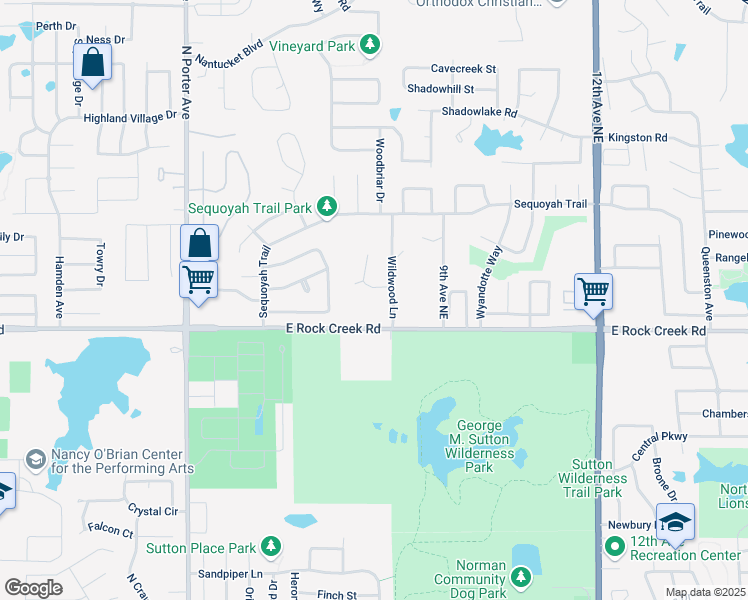 map of restaurants, bars, coffee shops, grocery stores, and more near 2410 Wildwood Lane in Norman