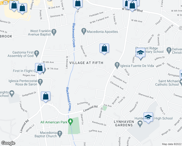 map of restaurants, bars, coffee shops, grocery stores, and more near 824 Sherman Street in Gastonia