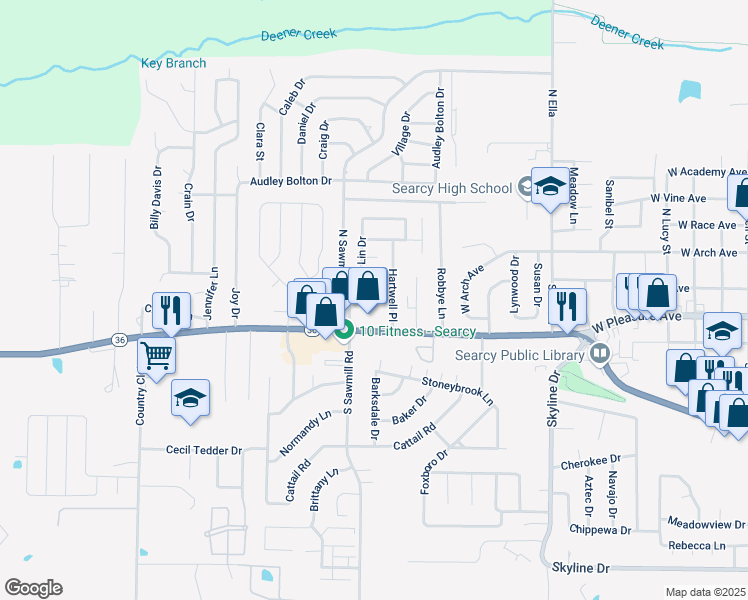 map of restaurants, bars, coffee shops, grocery stores, and more near 109 Nicole Drive in Searcy